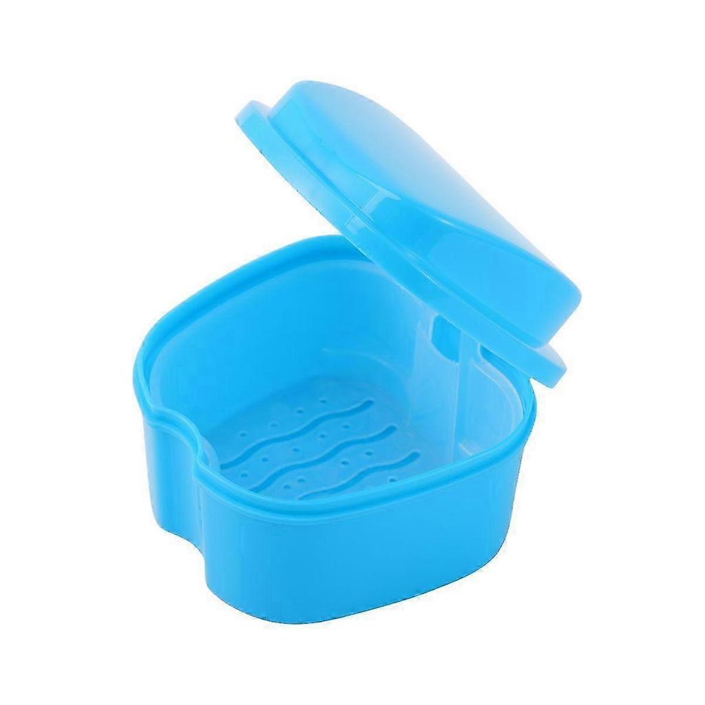 Denture Bath Box Case, Dental Orthodontic Retainer False Teeth Storage with Strainer, Sky-blue