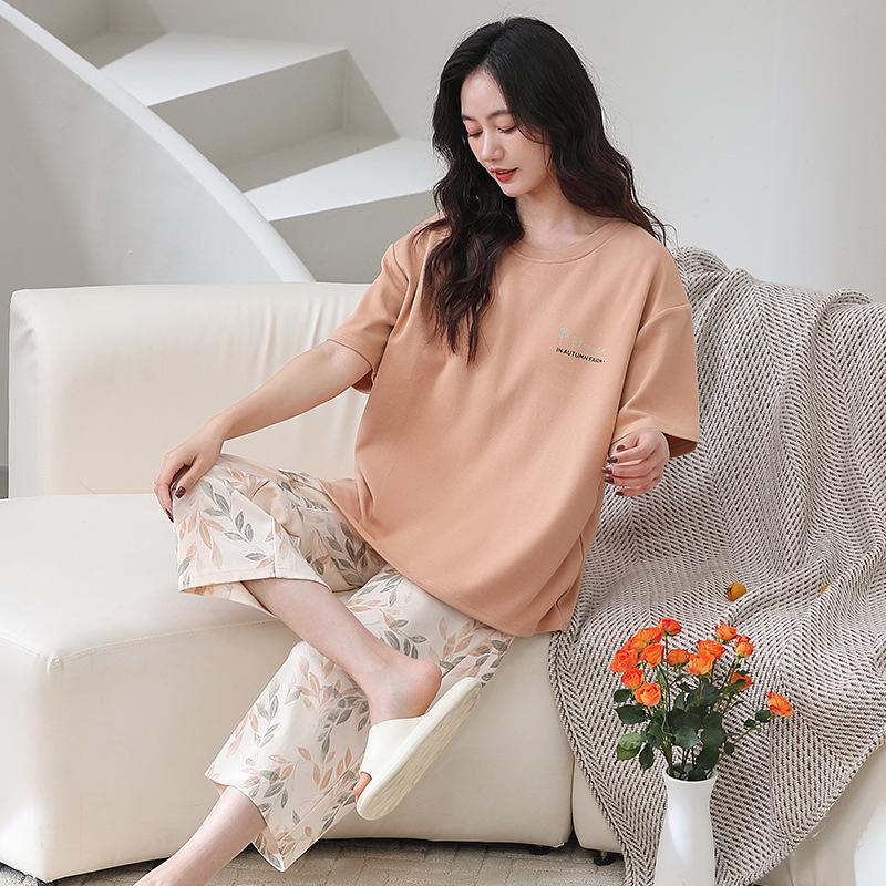 Cotton and silk pajamas women's summer thin round neck short-sleeved cropped pants Korean version Modal soft loose loungewear suit