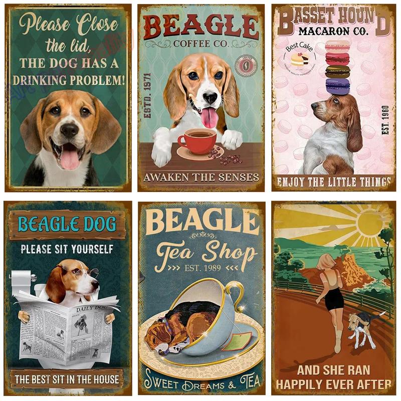 Mfoever Tin Sign Vintage Beagle Dog Coffee Tea Metal Tin Sign Set Retro Funny Pet Wall Art Decor for Home Kitchen Bar Rustic Iron Painting Plaque