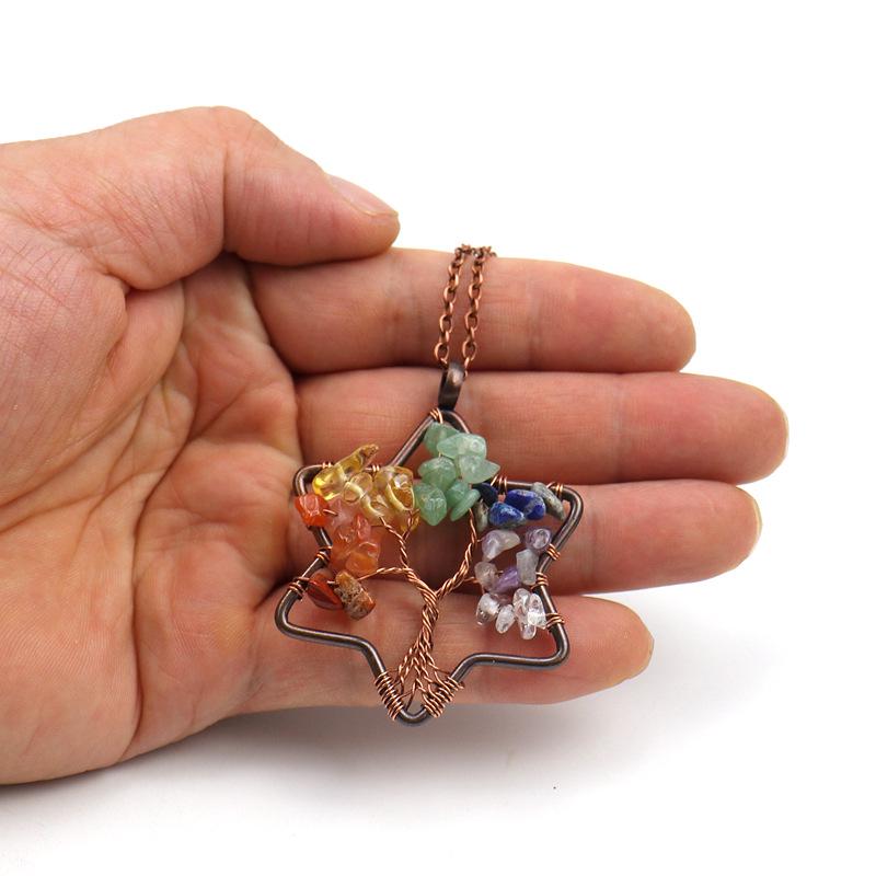 Handmade Wire Wrapped Six-Pointed Star Tree of Life Necklace with Natural Crushed Stone Crystal Beads