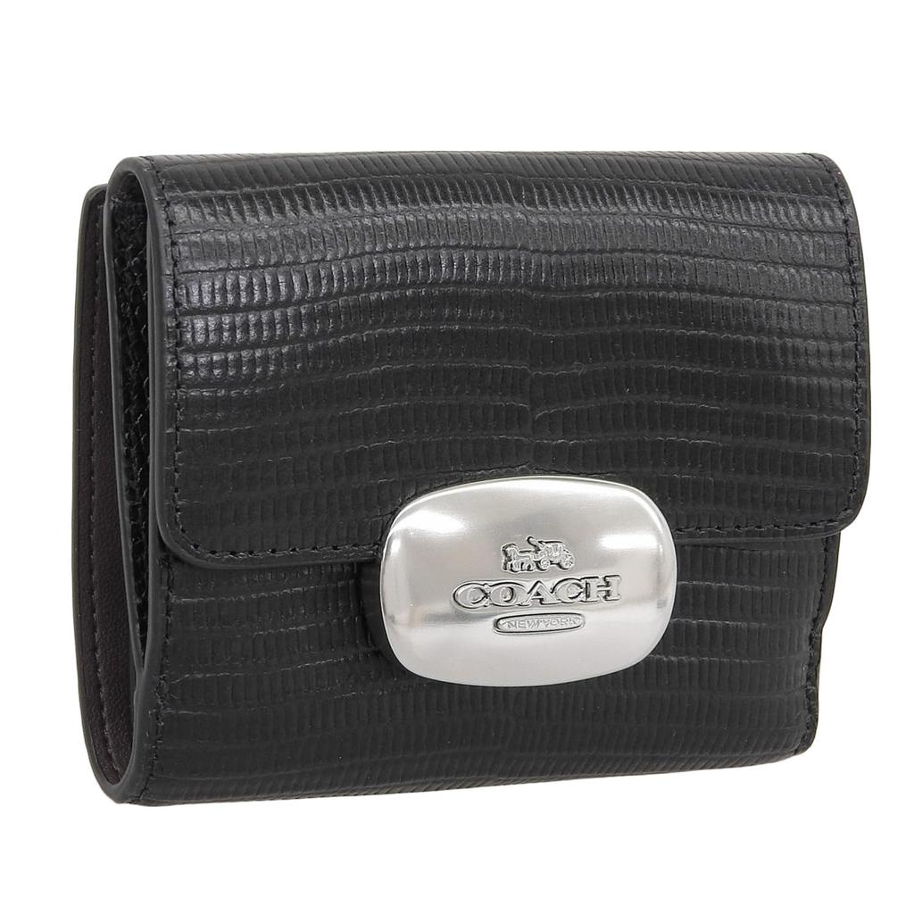 Lommebok Bifold Sammenleggbar Lommebok Kompakt Outlet Merke Lær Eliza Liten Lommebok Øglepreget Lær CR395 [Coach] Dame (SVART/Svart) [Punkt]