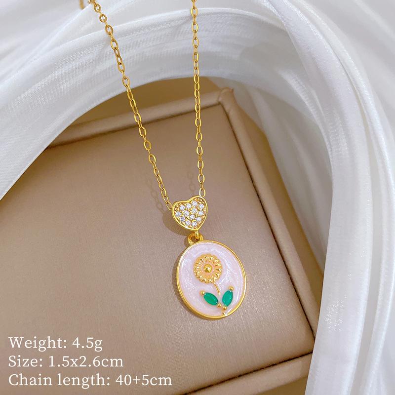 Pastoral Style Daisy Oval Zircon Heart Pendant Necklaces for Women Girls Stainless Steel Chain Sweet Cute Flower Jewelry Gifts