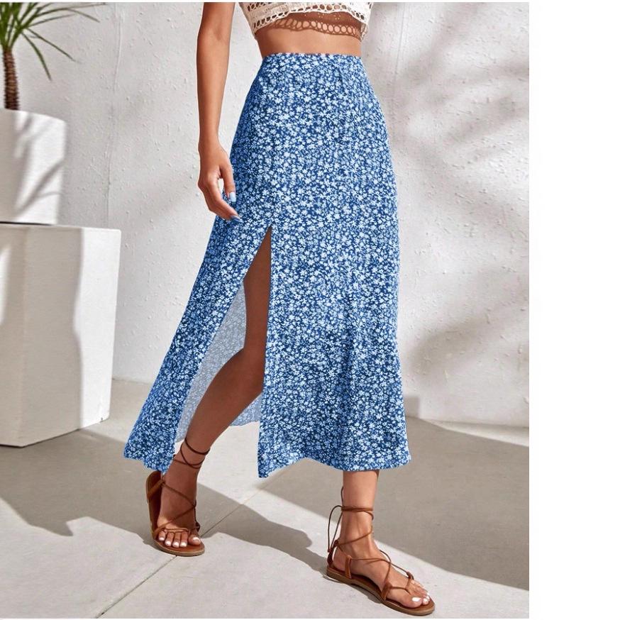 

Женская цветочная миди-юбка с эластичной талией и разрезом, весна-лето Extra Large небесно-голубой