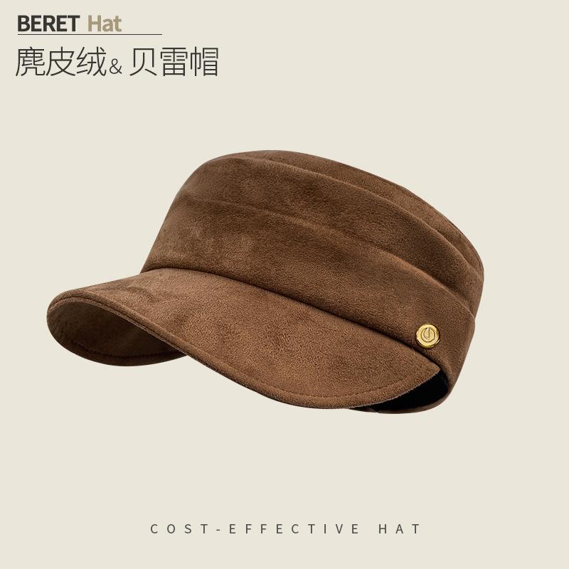 Round Label Pleated Suede Flat Top Equestrian Hat Women'S Season Warm Newsboy Hat Showing Face Ducktongue Beret