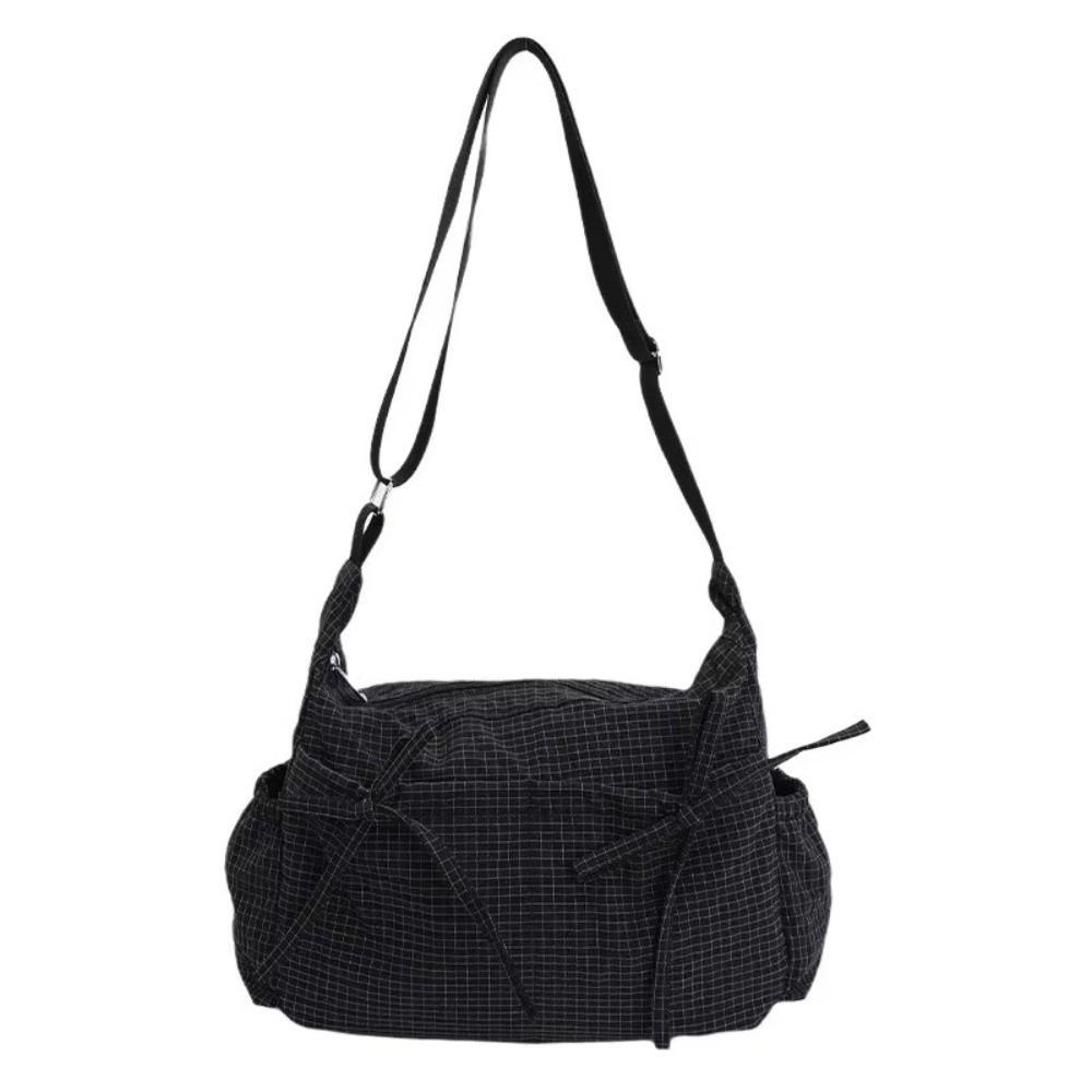 Multiple Pockets Bow Crossbody Bag Grid Hobo Bag Sweet Nylon Shoulder Bag  Outdoor