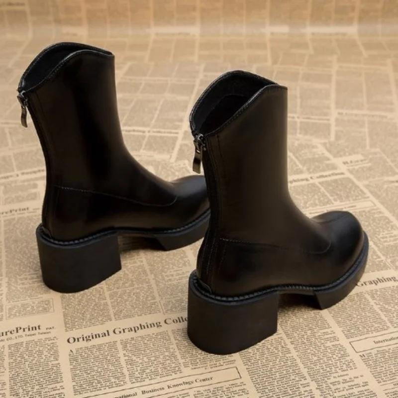 Fashion Women's Chunky Heeled Pu Leather Ankle Boots Women Autumn New Thick Sole Brown Boots Female Fashion Anti Slip Platform Booties