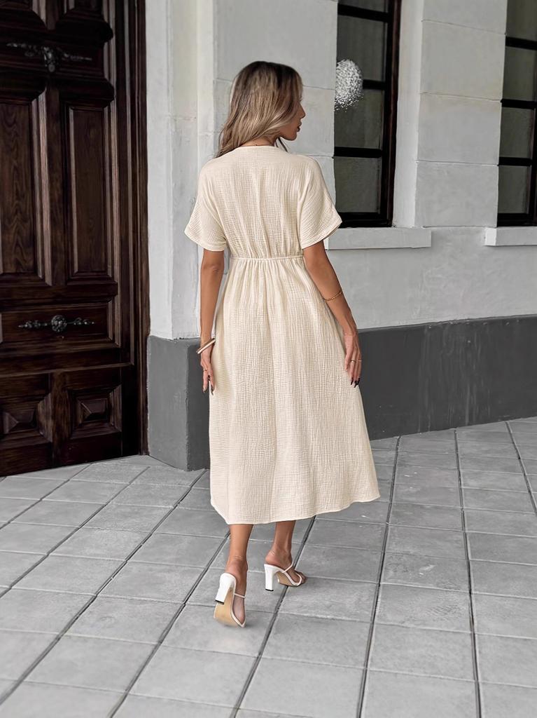 Bohemian Style Deep V Dress With Cross Tie For Casual Summer Wear