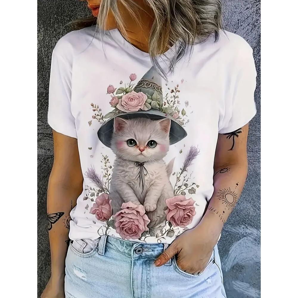 Women's round neck T-shirt Summer casual fashion short-sleeved top 3D cat print animal pattern Large Size Women's Clothing