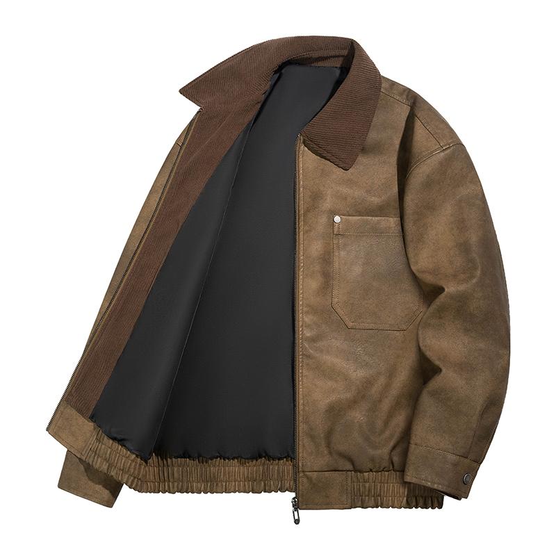 Men Lapel Collar Corduroy Splice Faux Leather Zipper Jacket