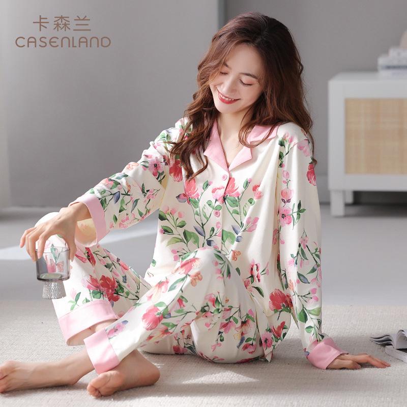 Pajamas women's spring and autumn pure cotton long-sleeved suit autumn new cotton women's retro cardigan loungewear