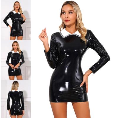 Women's Halloween Cosplay Maid Costume Patent Leather Bodycon Mini Dress Party Clubwear