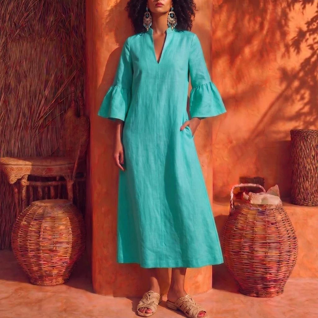 2026 Summer New European and American Style Linen V-neck Bubble Sleeve Dress Women's Casual Vacation Dress