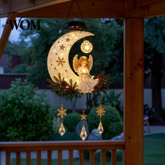 Christmas Outdoor Hanging Decor Solar Angel Moon Light, Lantern with Warm Glow, Resin Energy Saving Garden Lights Yard Decoration for Porch Tree, Faux