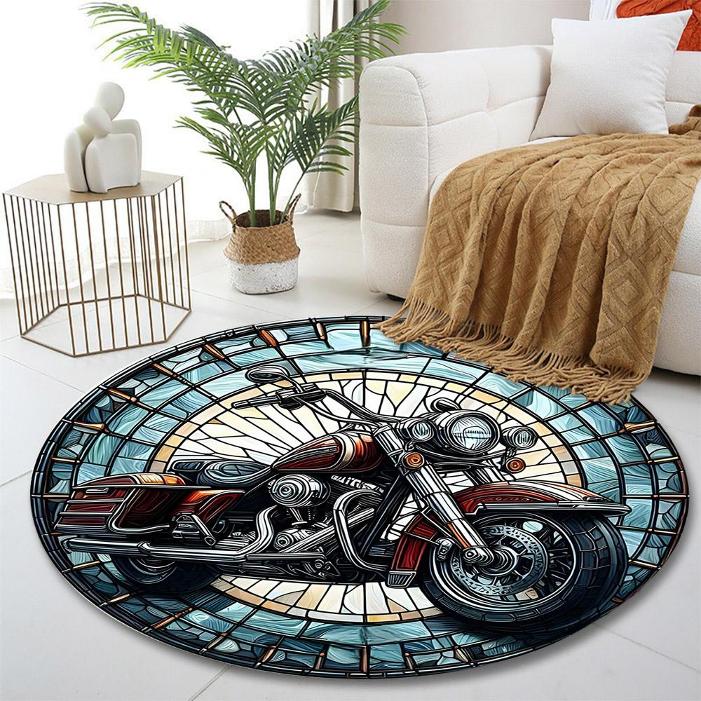 Vintage Motorcycle Stained Glass Design Print Round Rug, Living Room, Bedroom, Playroom Carpet, Non Slip Floor Mat, Gift