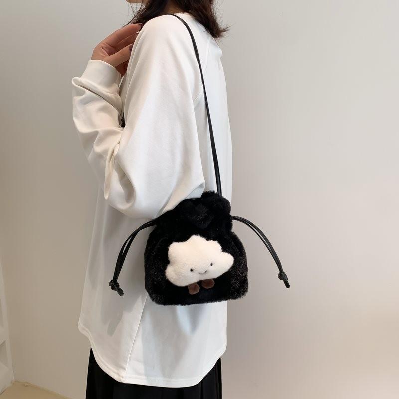 Adorable Plush Bucket Bag For Women Stylish Soft Pu Crossbody Purse In Black White Pink Khaki