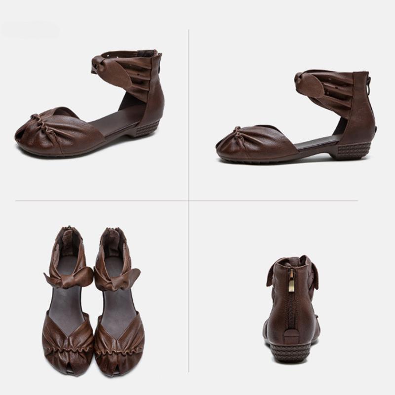 Johnature Genuine Leather Comfortable Breathable Sandals Peep Toe Low Heel Versatile Retro Women's Shoes