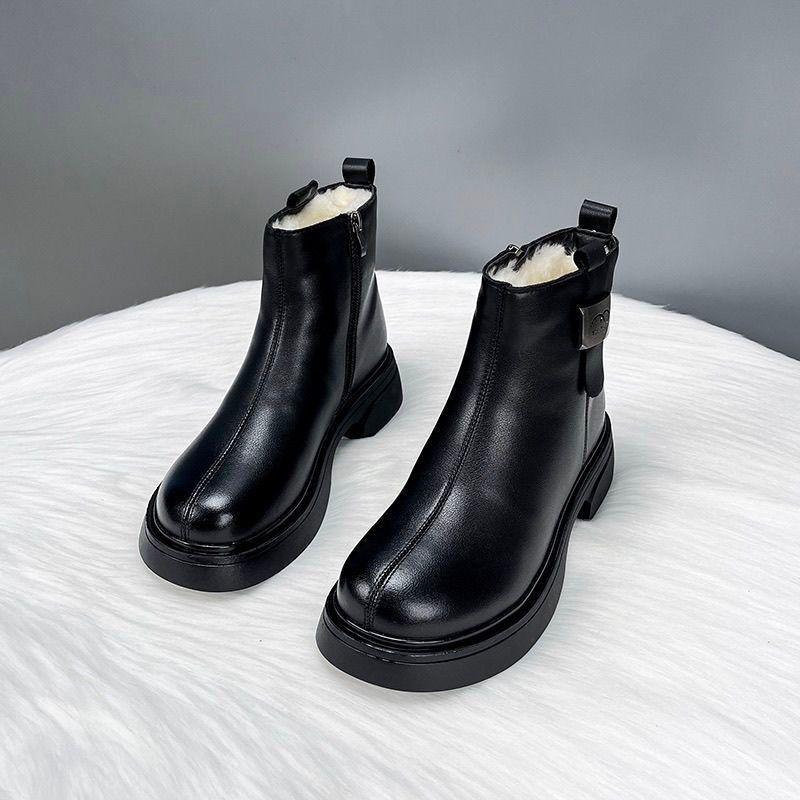 Women's Genuine Leather Thick-Soled Martin Boots - Waterproof, Fur-Lined, Non-Slip, Winter Short Boots