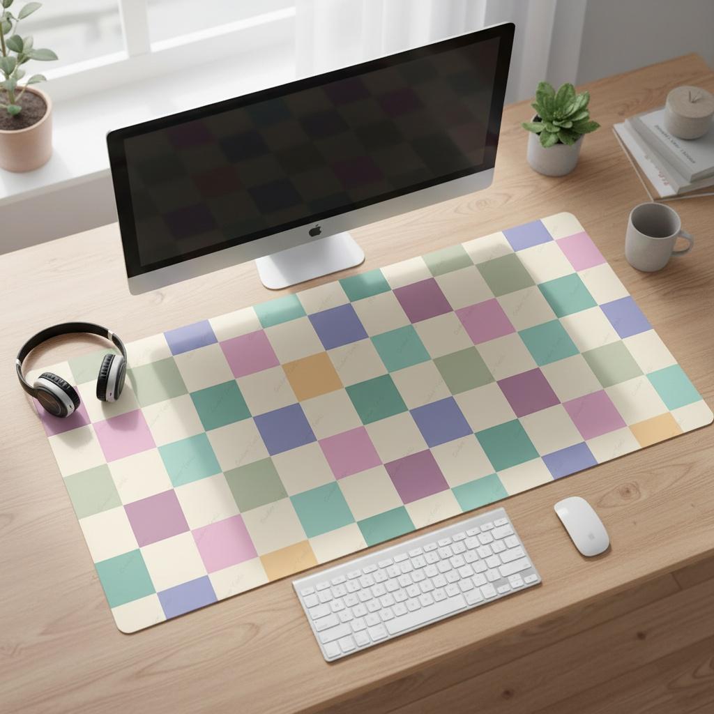 Gaming Mouse Pad Large Desk Mat Antislip Base Stitched Edges Pastel Checkerboard Print Keyboard Pad for Gamer Home Office