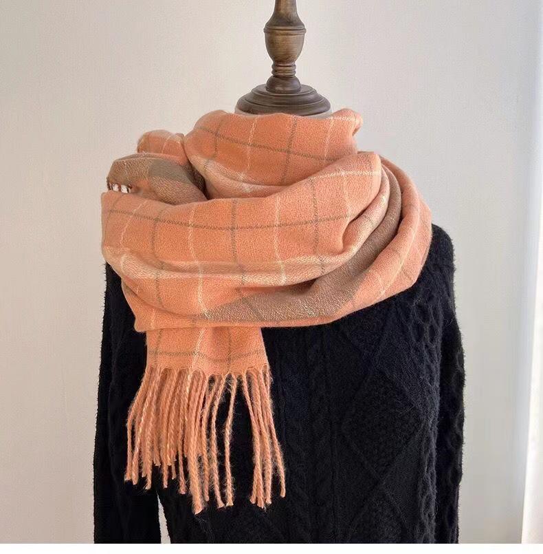 Women's Winter Plaid Imitation Cashmere Tassel Scarf, Thickened Korean Style Neck Warmer