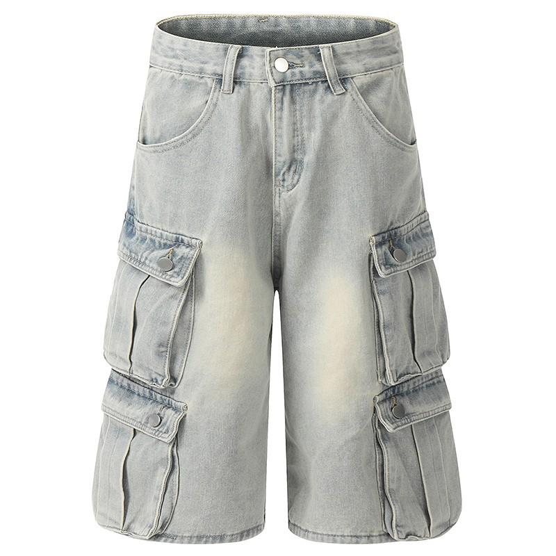 Unisex Vintage Distressed Multi-Pocket Workwear Capri Jeans