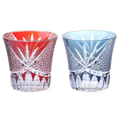 Retro Cut Glass Pair Cups 240cc Orchid Carving Small Pattern Red Ink Blue with Engraved Base Kasho Current Model J-kitchens 90xH85mm & -
