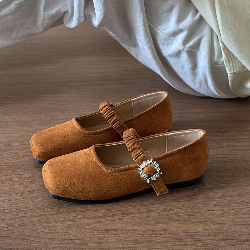 

Мода Comemore Весна Осень Плоские Туфли Одинарные Замшевые Однотонные Квадратный Носок Туфли Мэри Джейн Пряжка со Стразами Темпераментные Балетки Мокасины 40 коричневый