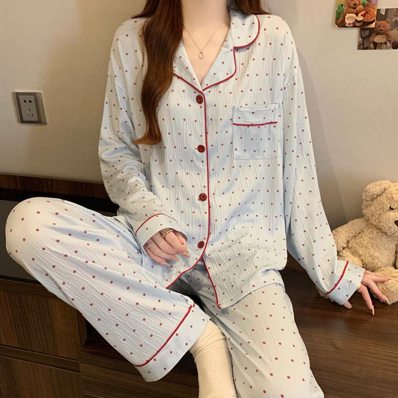 ins style girlish pajamas women's spring and autumn long-sleeved sweet bow full print casual loungewear set