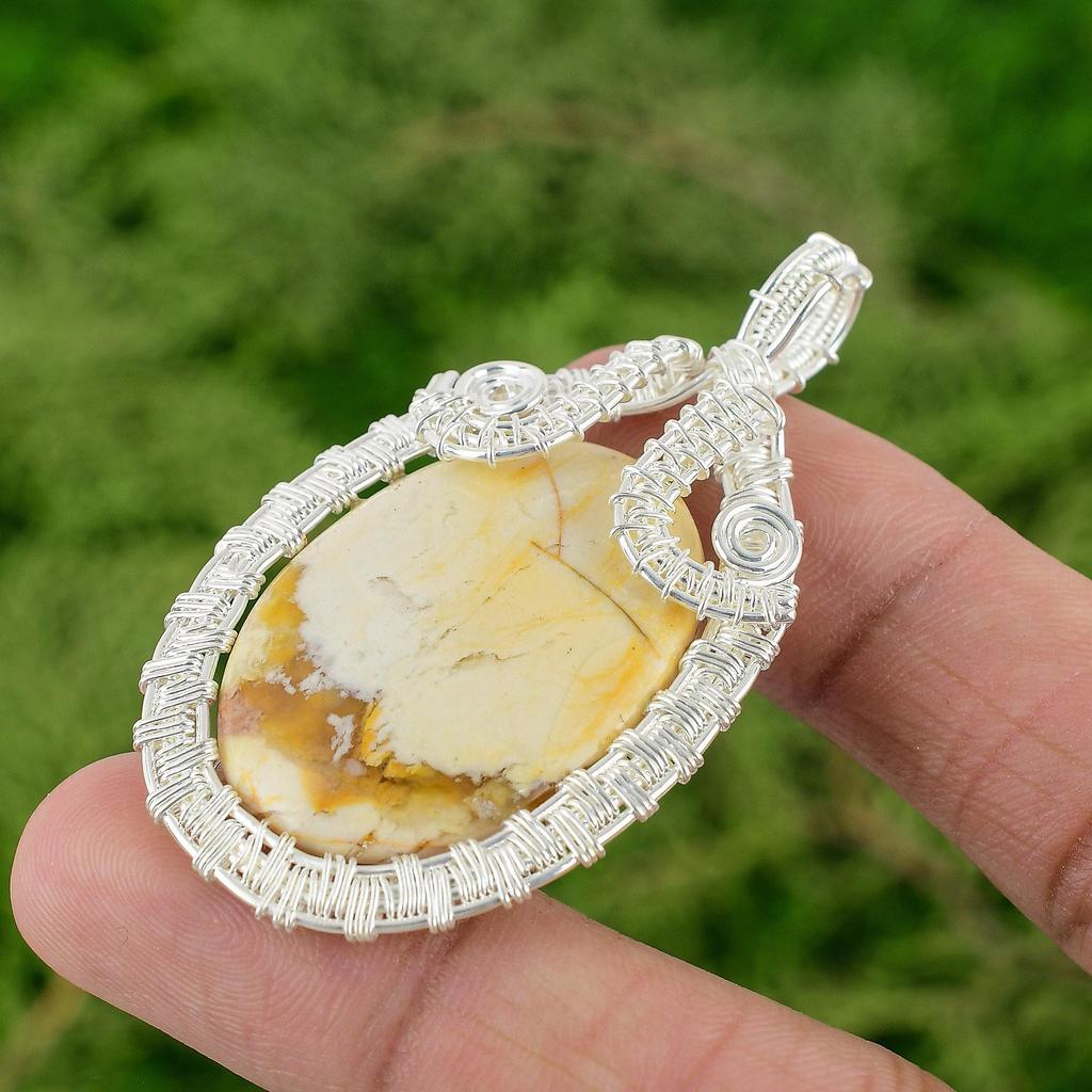 925 Sterling Silver Oval Brecciated Mookaite Stone Handmade Wire Wrapped Pendant