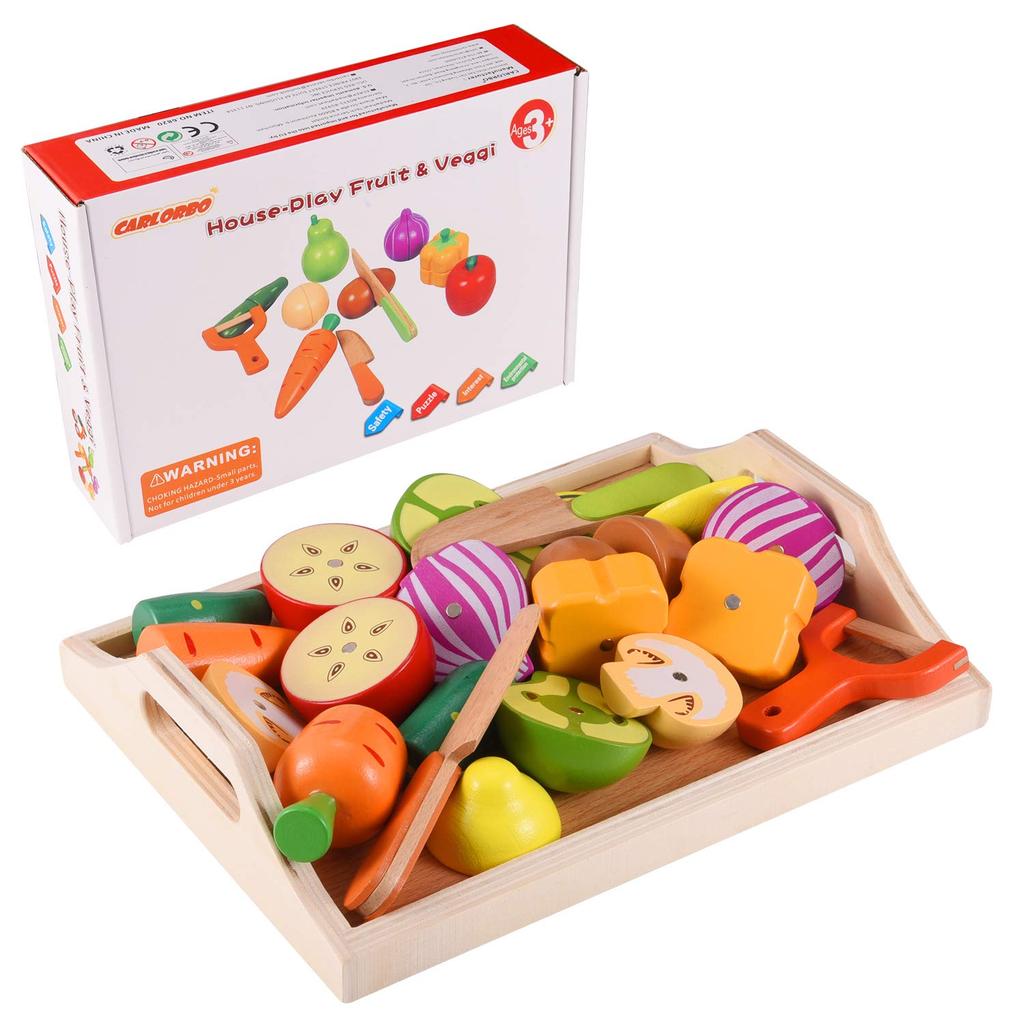 CARLORBO Wooden Pretend Play Fresh Vegetables Magnetic Food Set for Girls and Wooden Play Toy Toy, & Fruits, Boys, Easy-to-Cut