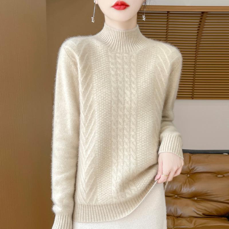 2024 Women's Thick Wool Cable Knit Half-High Neck Pullover Sweater for Autumn and Winter.