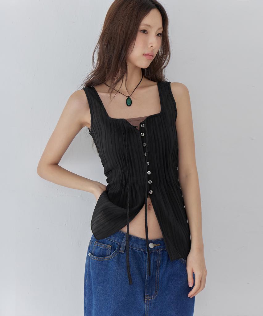 Leondeondada Wrinkle Tie Sleeveless Blouse, Black
