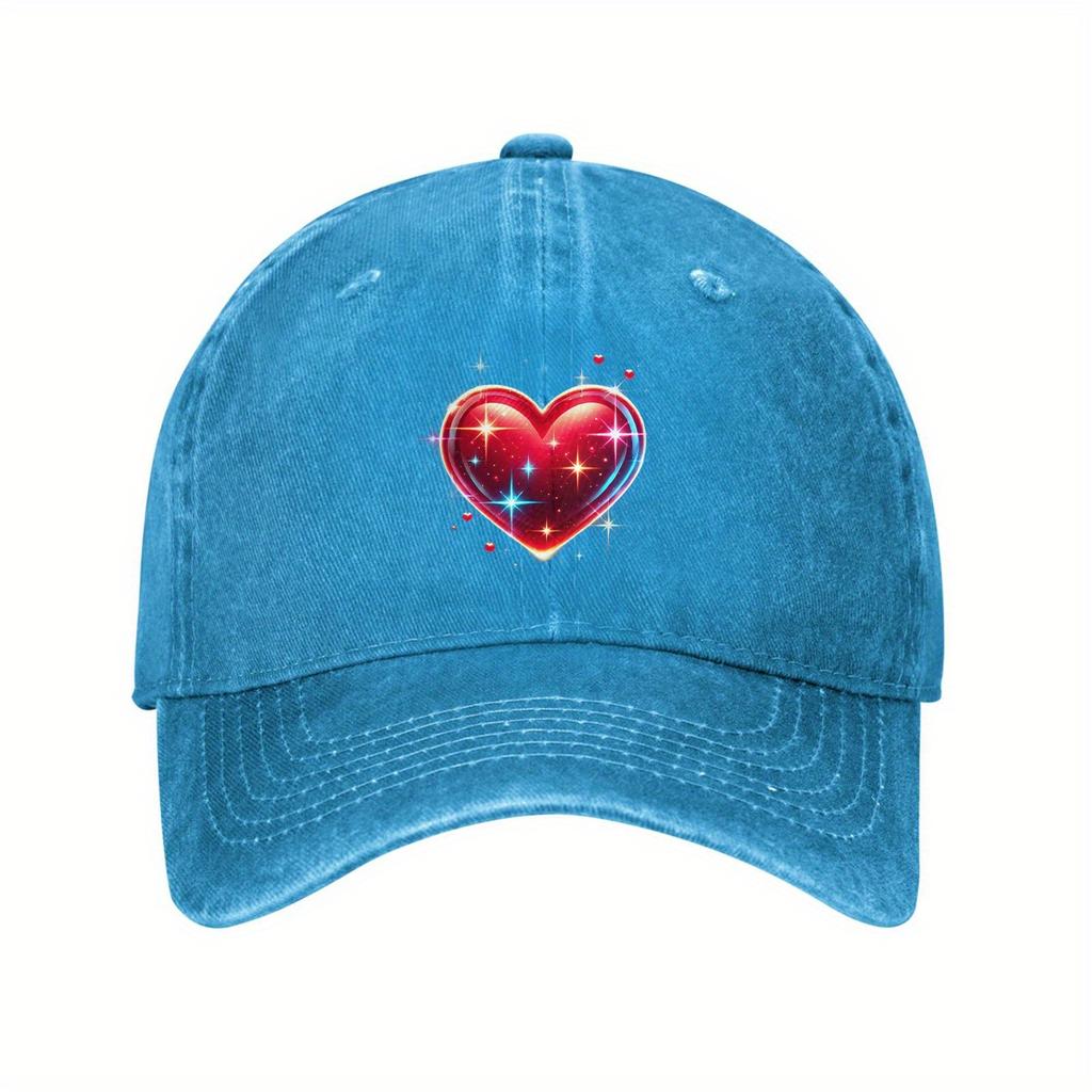 Sparkling Heart Print Baseball Cap Vintage Washed Polyester Adjustable Casual Outdoor Headwear Unisex