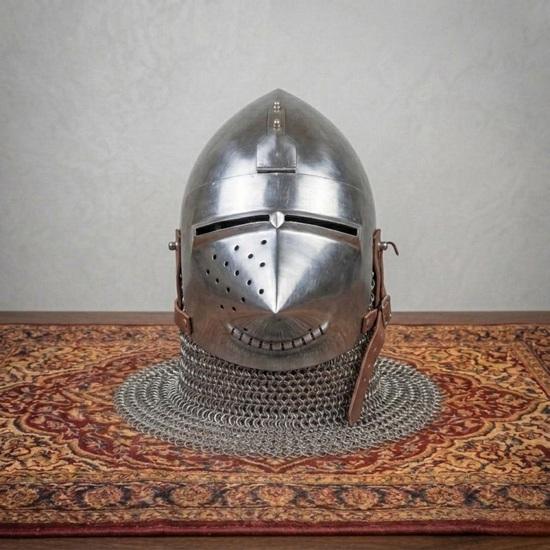Handmade Steel Pigface Bascinet Helmet with Chainmail Aventail, Gothic Knight Armor