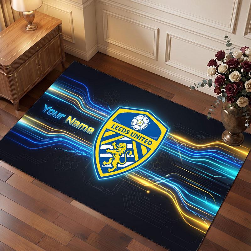 Leeds United Custom Crystal Velvet Rug, Personalized Name Text Print, Football Logo Soft Non‑Slip Floor Mat Home Decor Gift