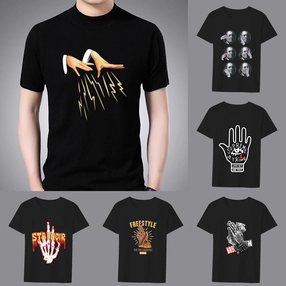 Fashion T-shirt Men's European and American Trend Gesture Printing Pattern Series Casual O-neck Commuter Comfortable Top T-shirt