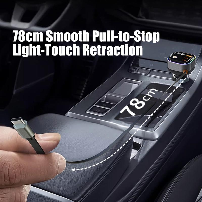 High Power Car Charger PD65W Retractable USB C Cable with 18W USB A /Type C Port Voltages Display Intelligent Protections