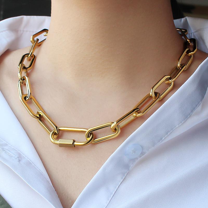 Gold Color Big Carabiner Lock Clasp Bracelet for Women Handmade Statement Necklace Set Chain Link Charm Femme Jewelry