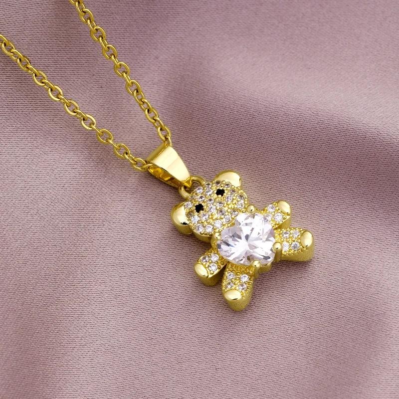 Animal Cute Bear Necklace Women 6 Style Copper Inlaid Zircon Female Charm Fashion Stainless Steel Chain Necklace Jewelry Gift