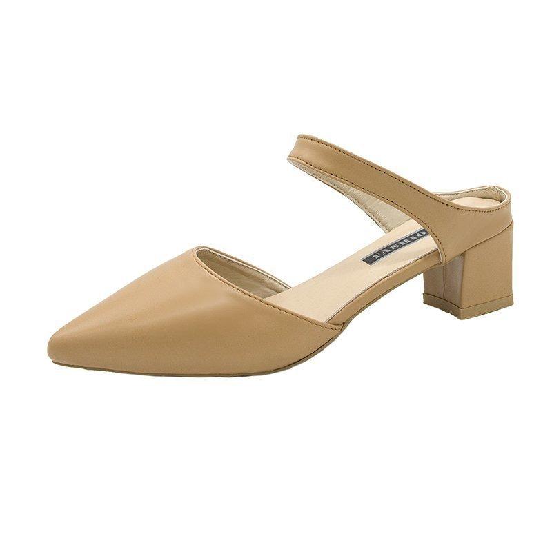 Spring and Summer Bag Head Medium Heel Cool Slippers Women Pointed Head Thick Heel Half Slippers Trendy Summer Sandals Women