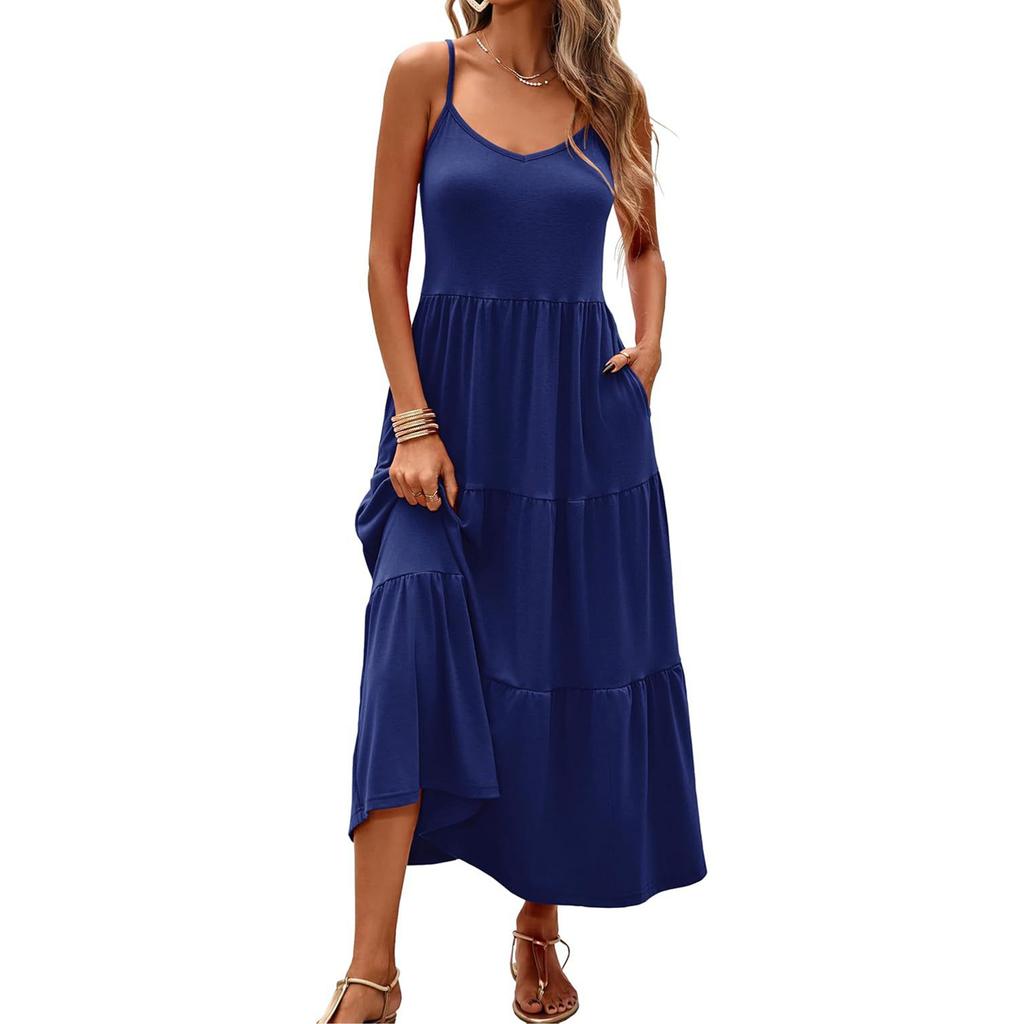 Damen Farb Ärmellos Slim Fit Modisches Langes Kleid