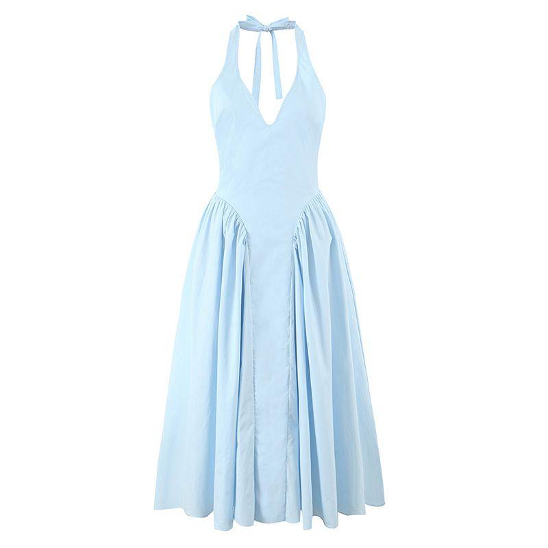 Smart Muses House Same Style French Style Fresh Baby Blue Backless Slimming Hanging Neck Mid-Length Vacation Dress