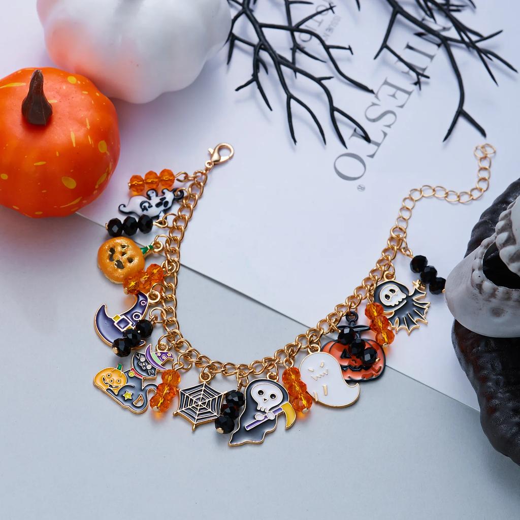 Gothic Punk Halloween Ghost Pumpkin Spider Skull Multi-Pendant Bracelet Unisex Fashion Jewelry Party Gift Handmade Craft