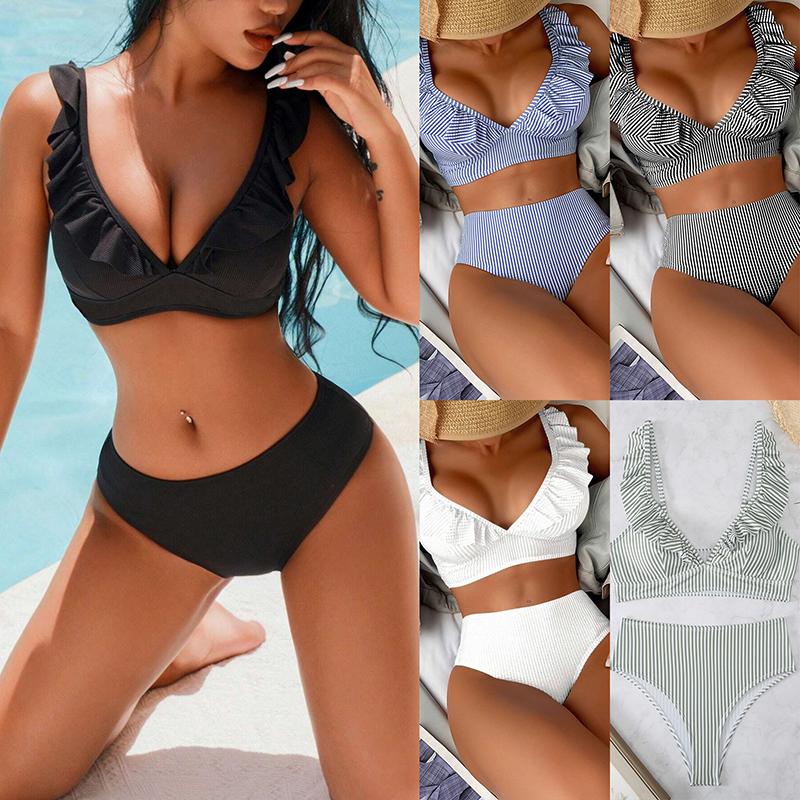 

Women Summer Beach Holiday Sexy Solid Color/striped Ruffles Bikini L