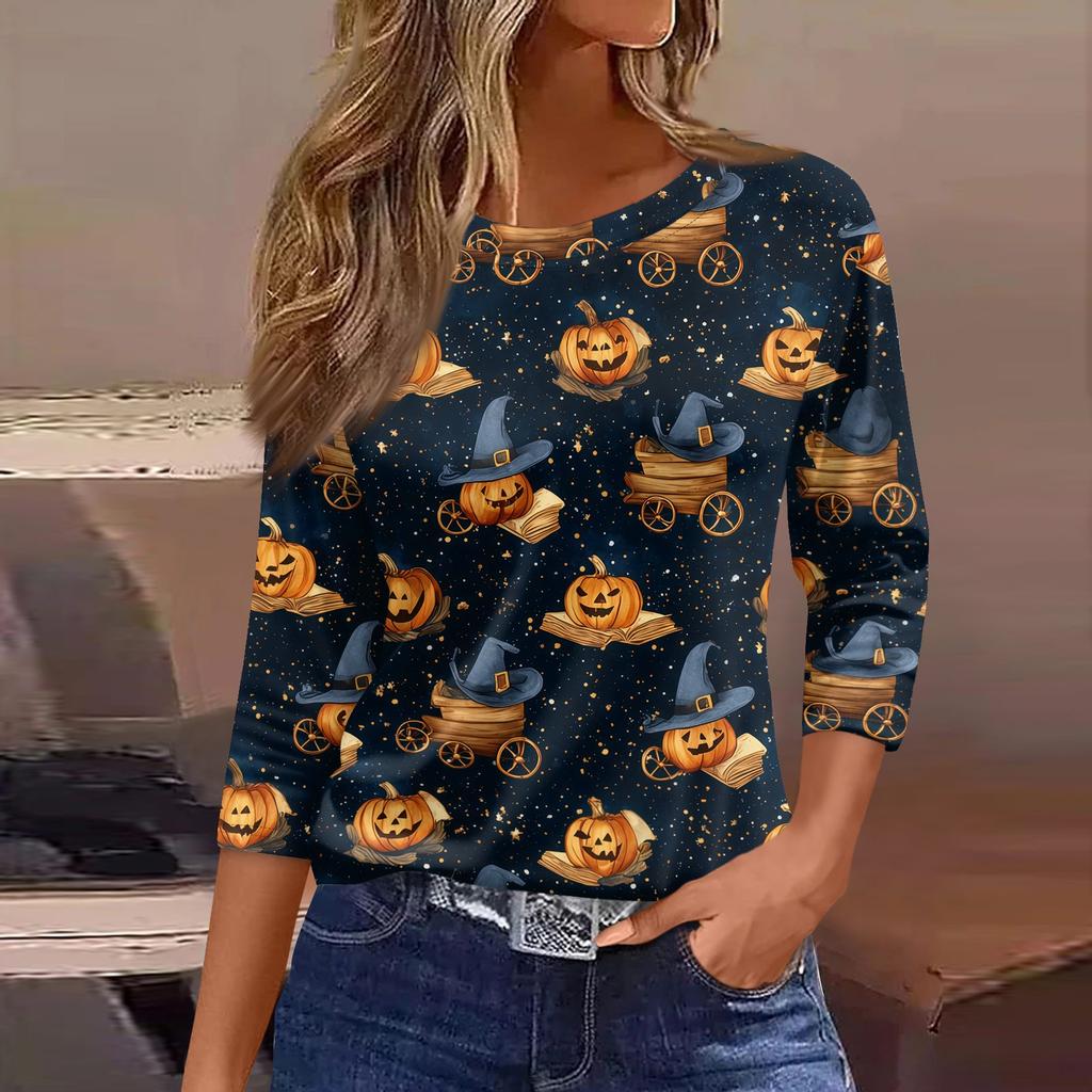 Women's Loose Fit Casual Halloween Print T-Shirt 3/4 Sleeve Round Neck Relaxed Fit Top for Everyday Wear