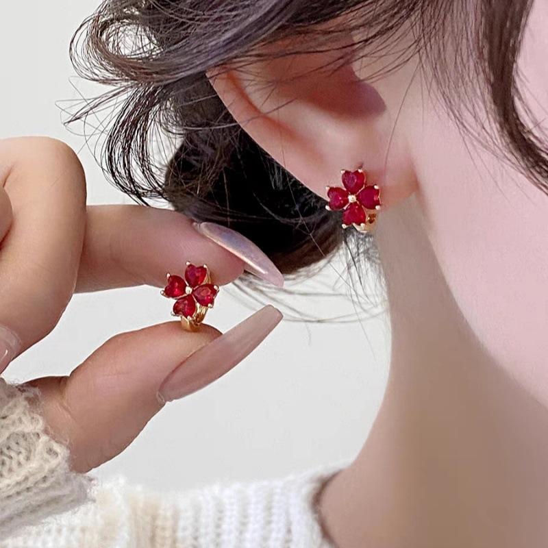 Red Zircon Flower Earrings, Small Earrings, Niche Design, High-end Spring and Summer Earrings, Women