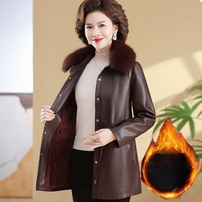 Women's Fleece Leather Jacket Thickened Winter Warm Leather Coat Mid-Length Slim-Fit Leather Jacket