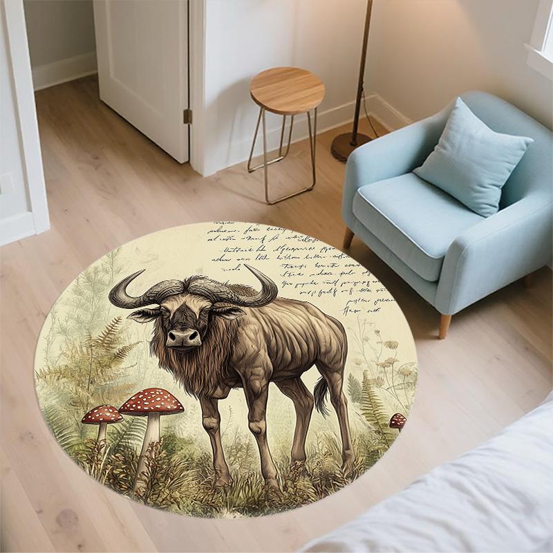 Wildebeest,Round Area Rug,Carpet Rug for Living Room Bedroom Sofa Playroom Decor,Non-slip Floor Mat