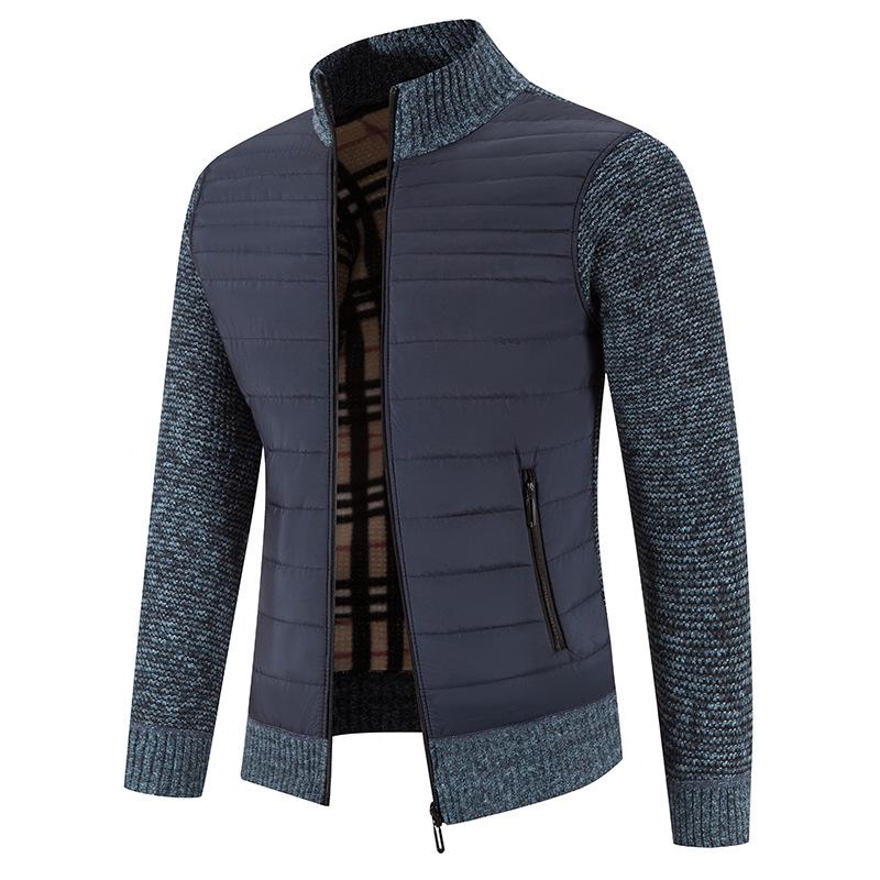 Men's Plus Size Color Block Stand Collar Velvet Cardigan Sweater - Warm, Thickened Knitted Outerwear for Autumn and Winter.