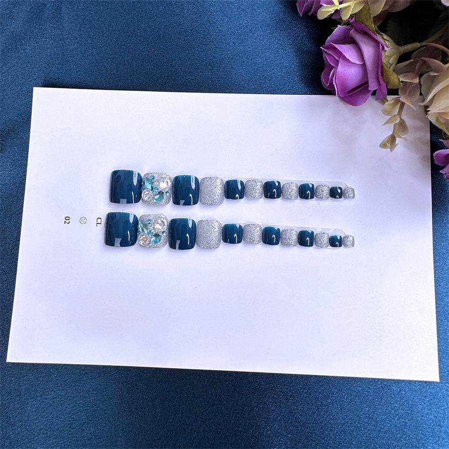Sparkly Blue Rhinestone Handmade Removable Toe Nails - Glitter Finish