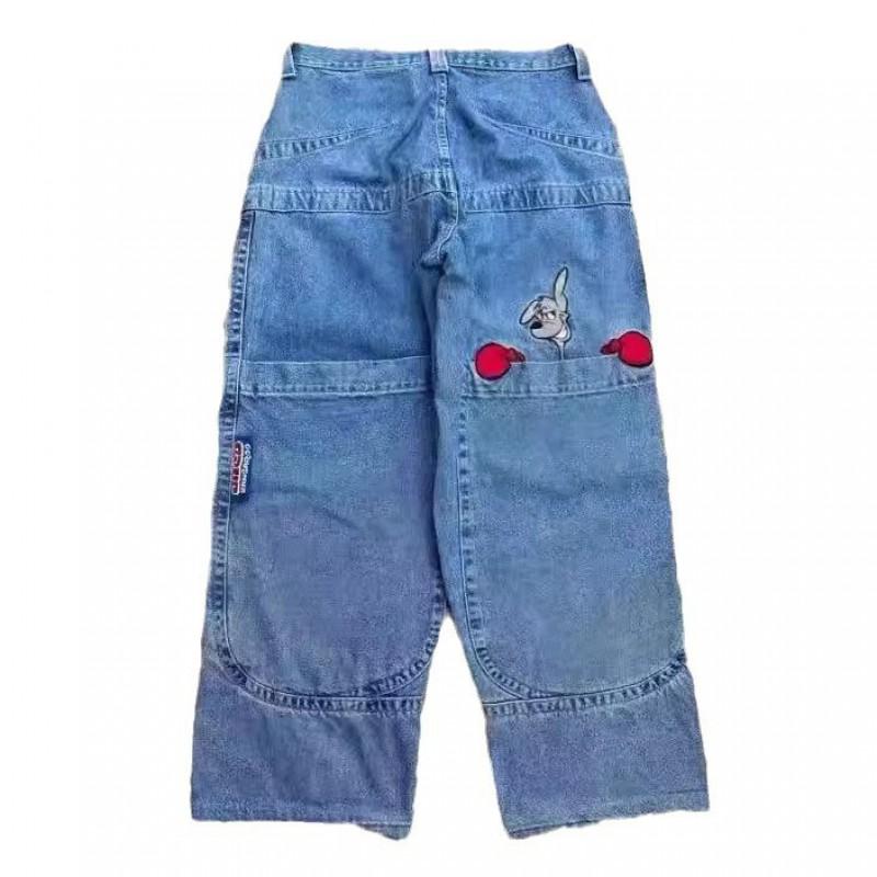 Mens Hip Hop Streetwear Kangaroo Embroidery Denim Pants Loose Fit Casual Skateboarding Trousers